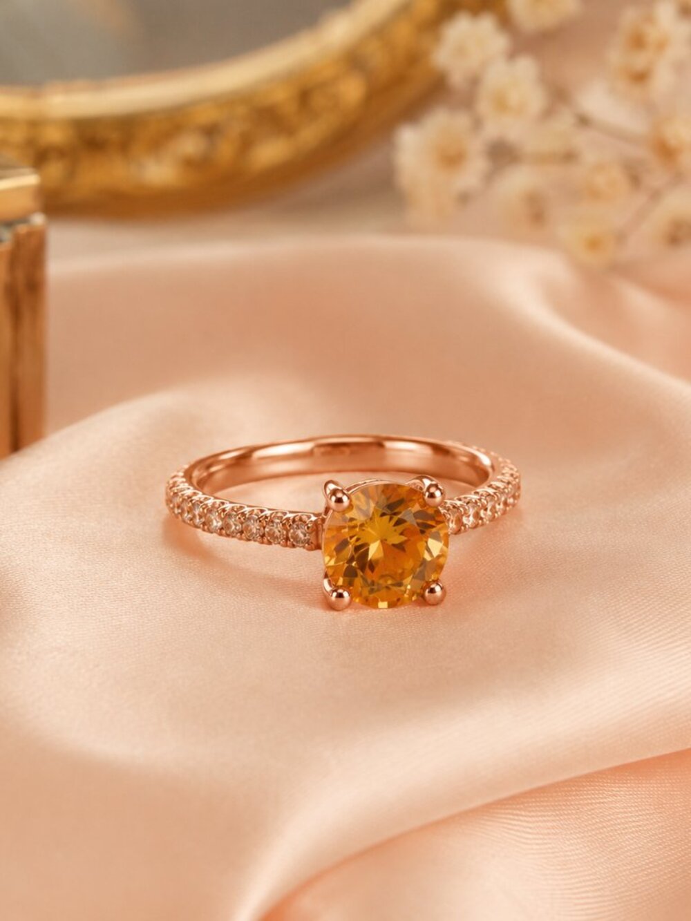 Rose Gold Solitaire Engagement Ring Yellow Stone Bridal Band Set NWT Size 8